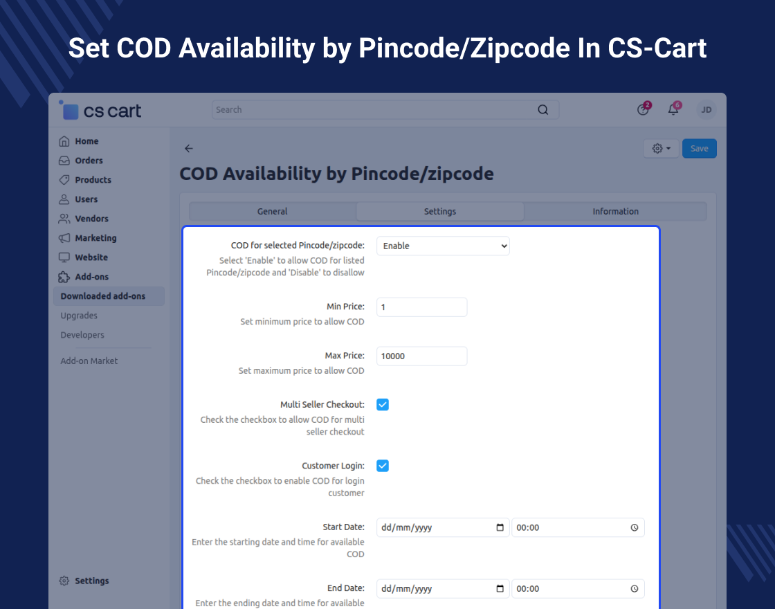 CS-Cart COD Availability By Pincode/Zipcode