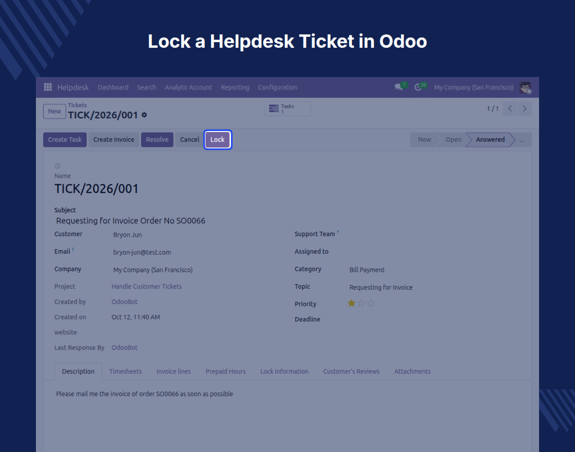 Odoo Website Helpdesk Lock System
