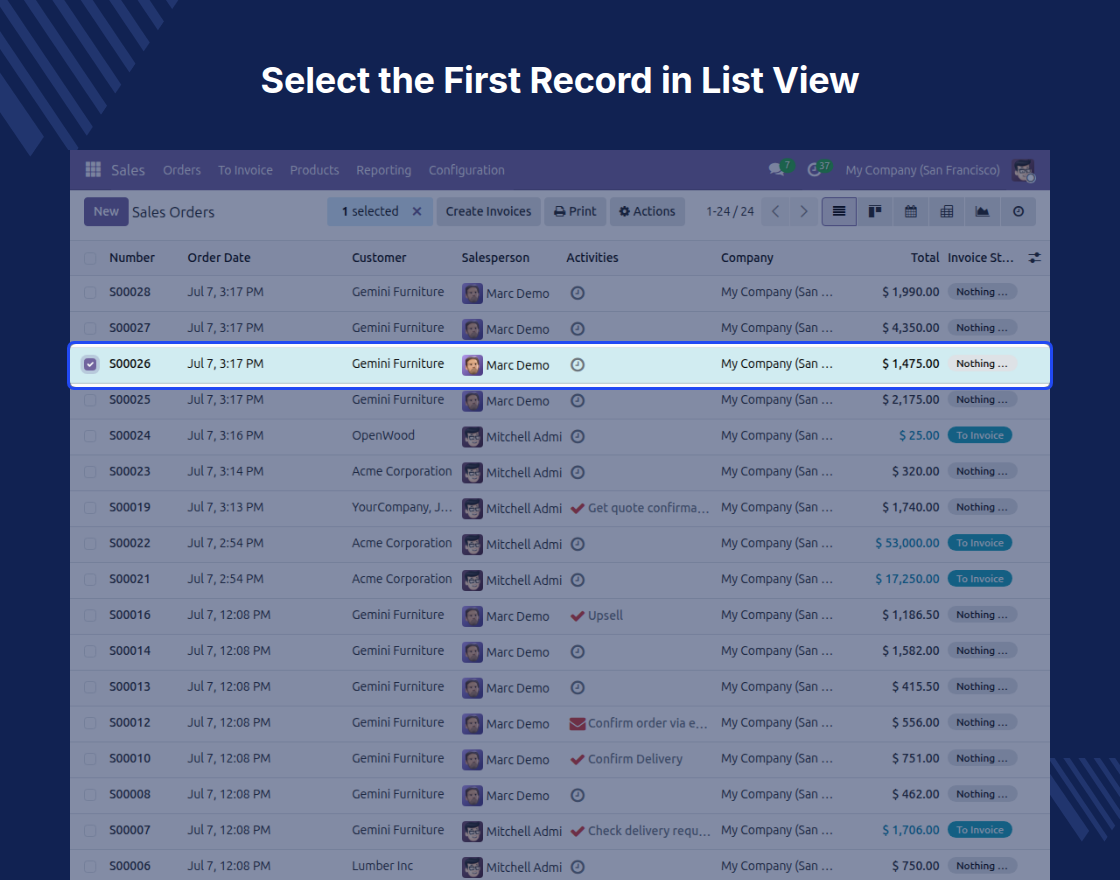 Odoo Shift Key Selection