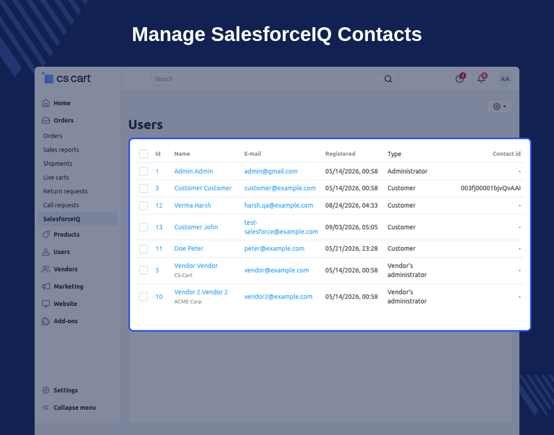 CS-Cart SalesforceIQ Connector