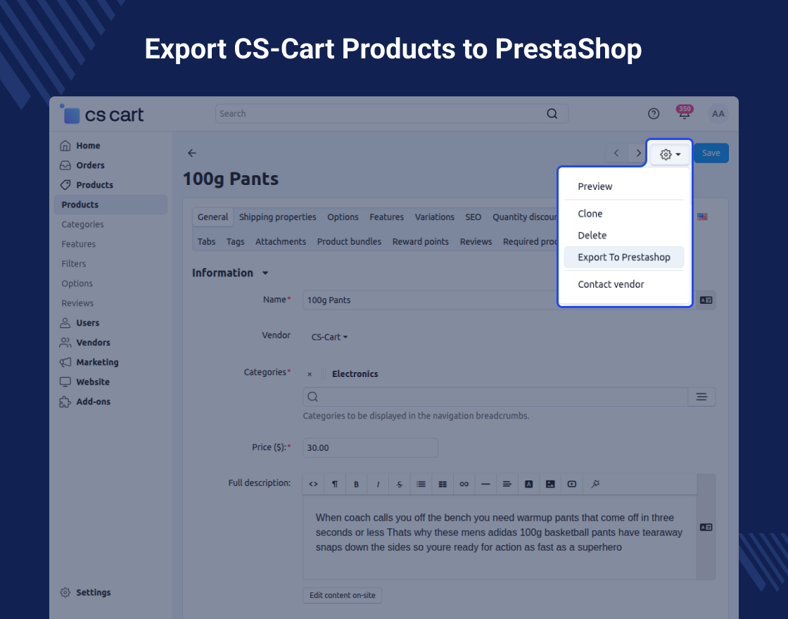 CS-Cart Prestashop Connector