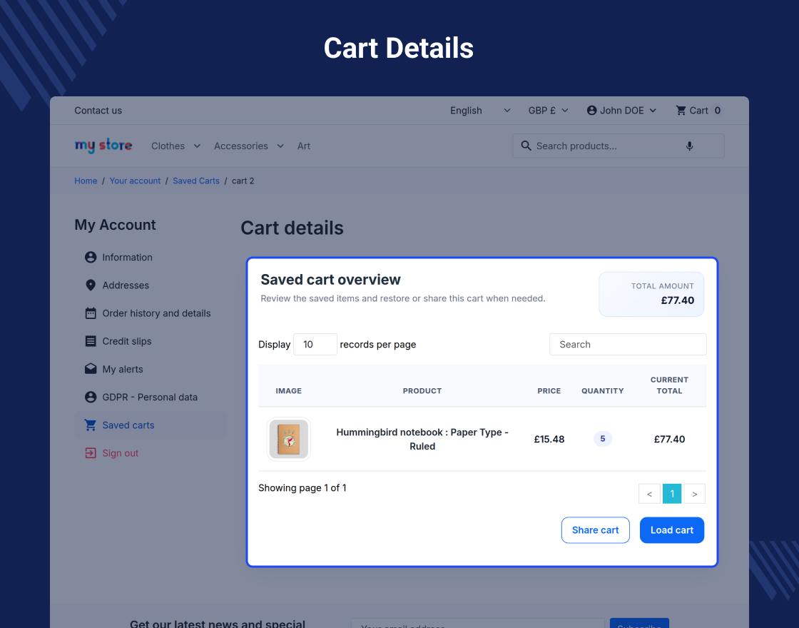 PrestaShop Save and Share Cart