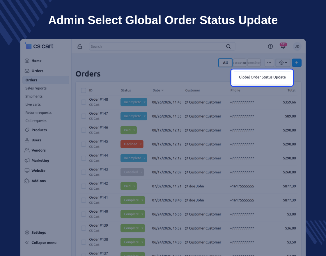 Cs-Cart Mass Order Status Update