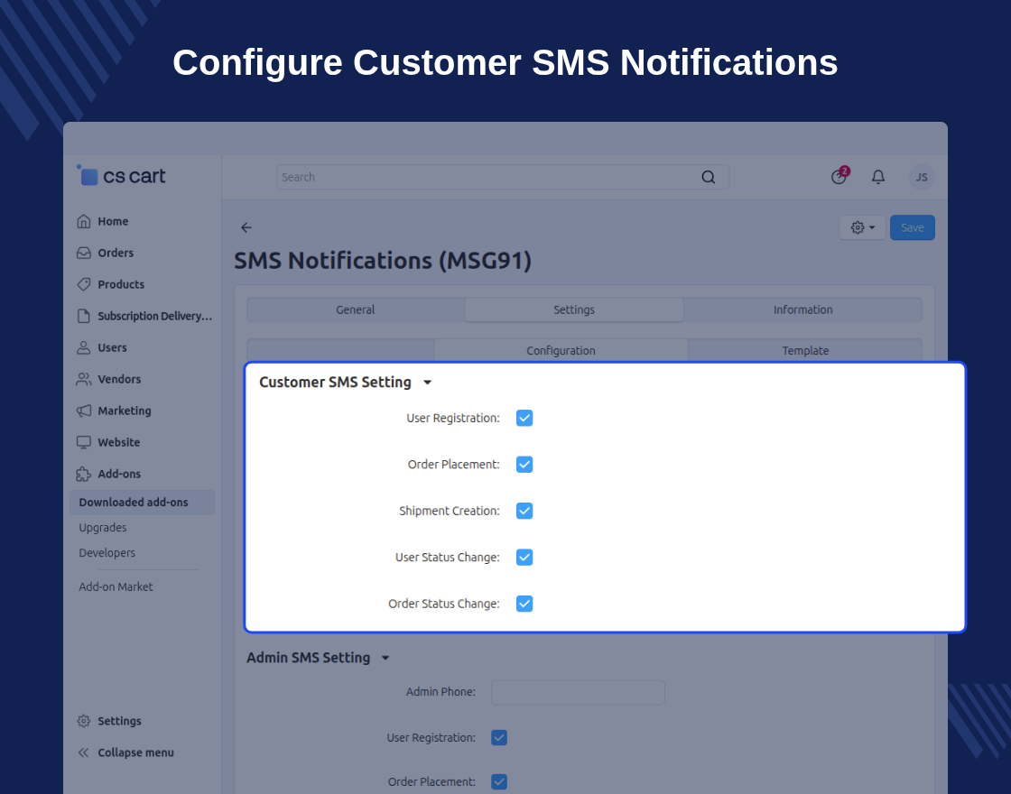 CS-Cart MSG91 SMS Notification