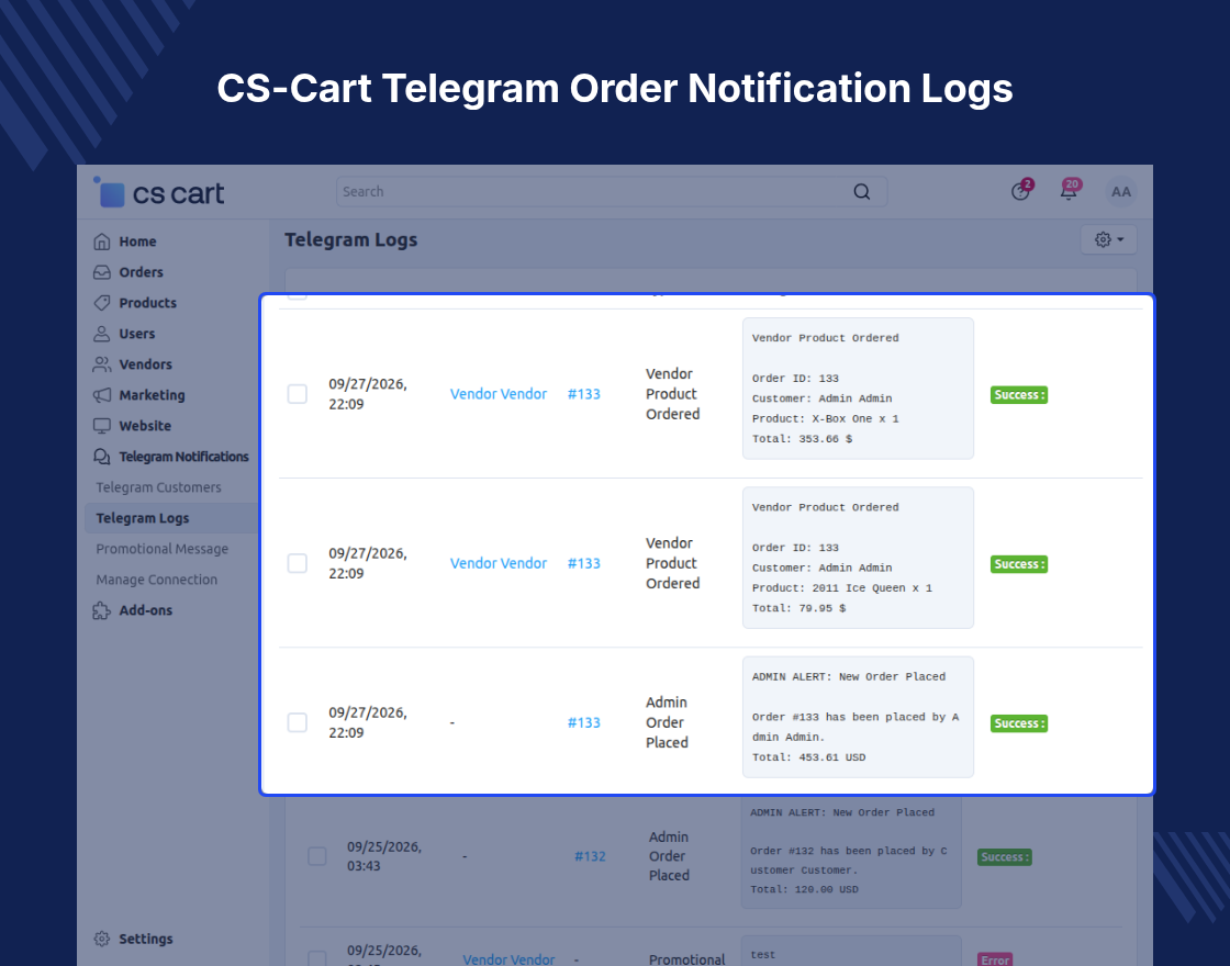 CS-Cart Telegram Order Notification