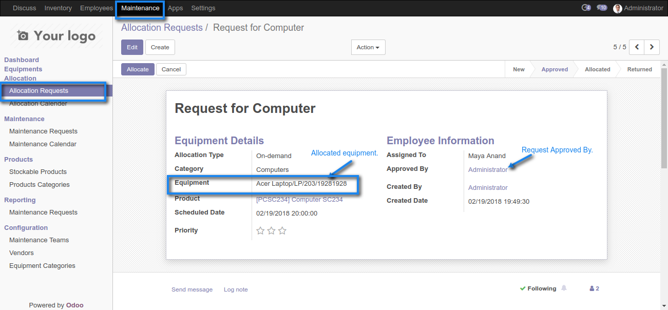 Odoo Equipment Allocations