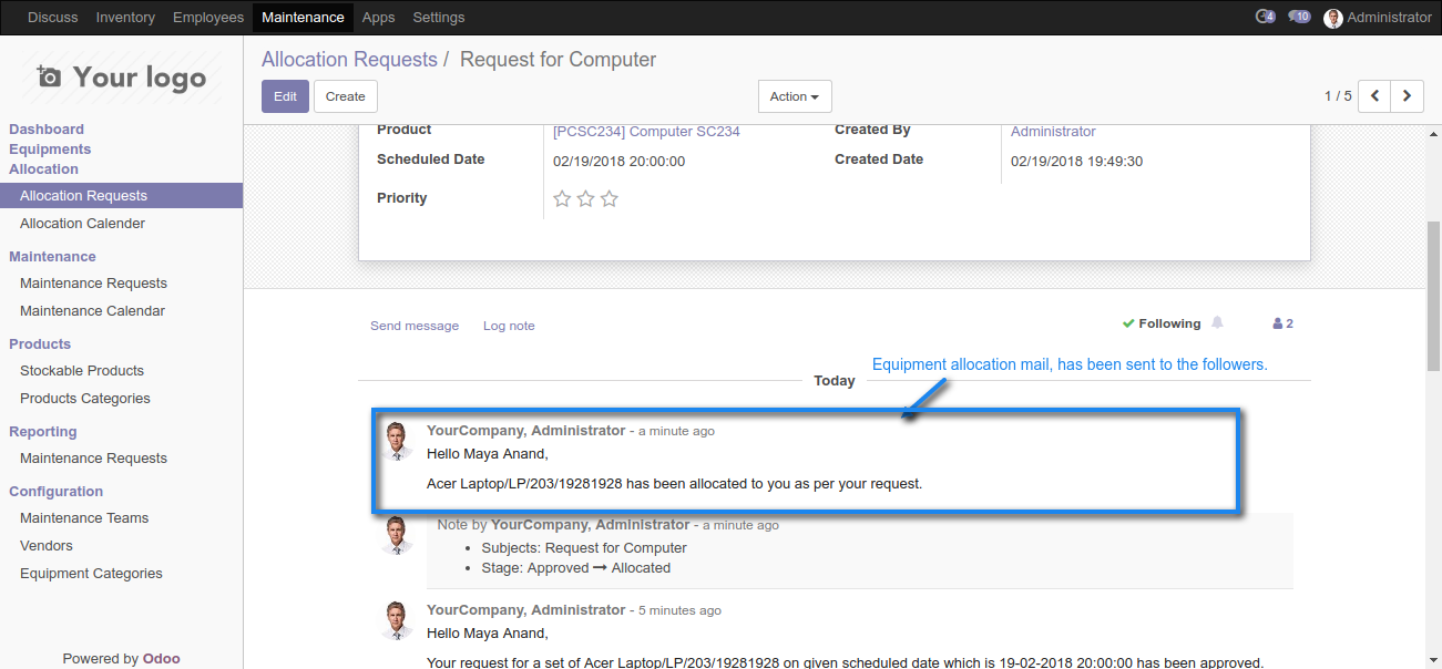 Odoo Equipment Allocations