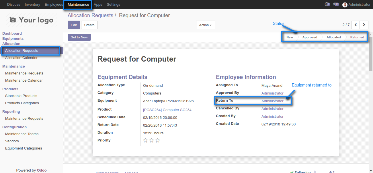 Odoo Equipment Allocations