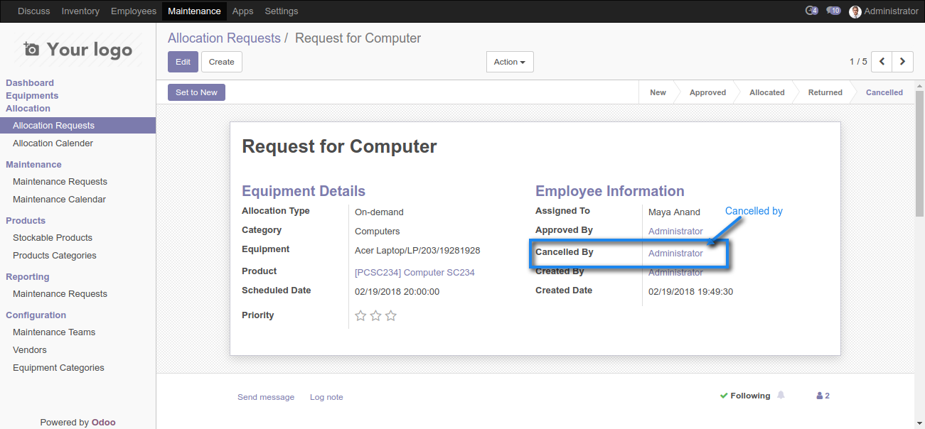 Odoo Equipment Allocations