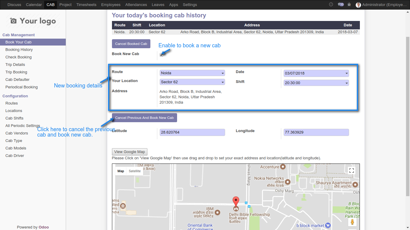 Odoo Employee Pickup & Drop Management