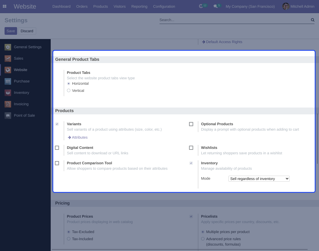 Odoo Website General Product Tabs