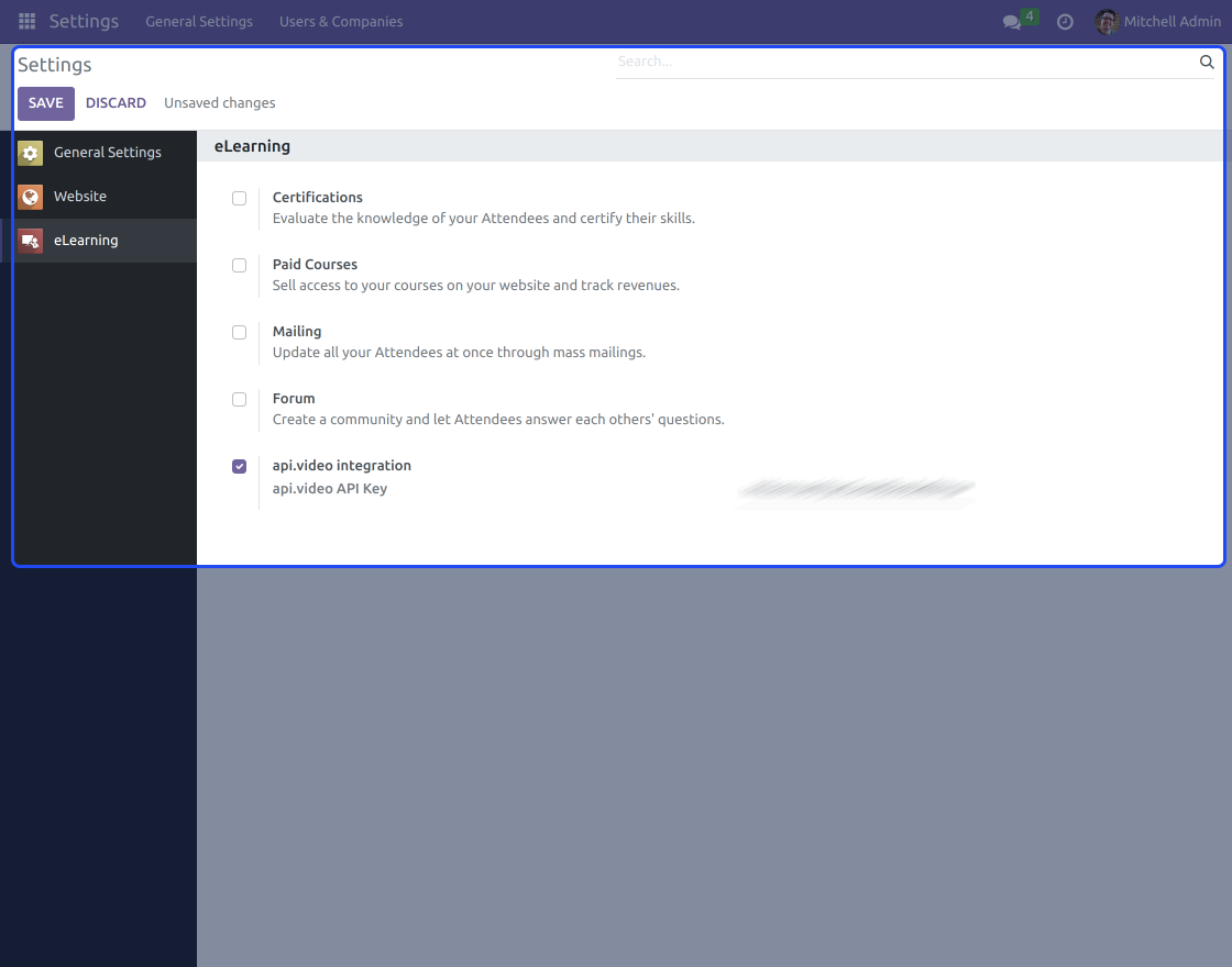 Odoo Website eLearning api.video