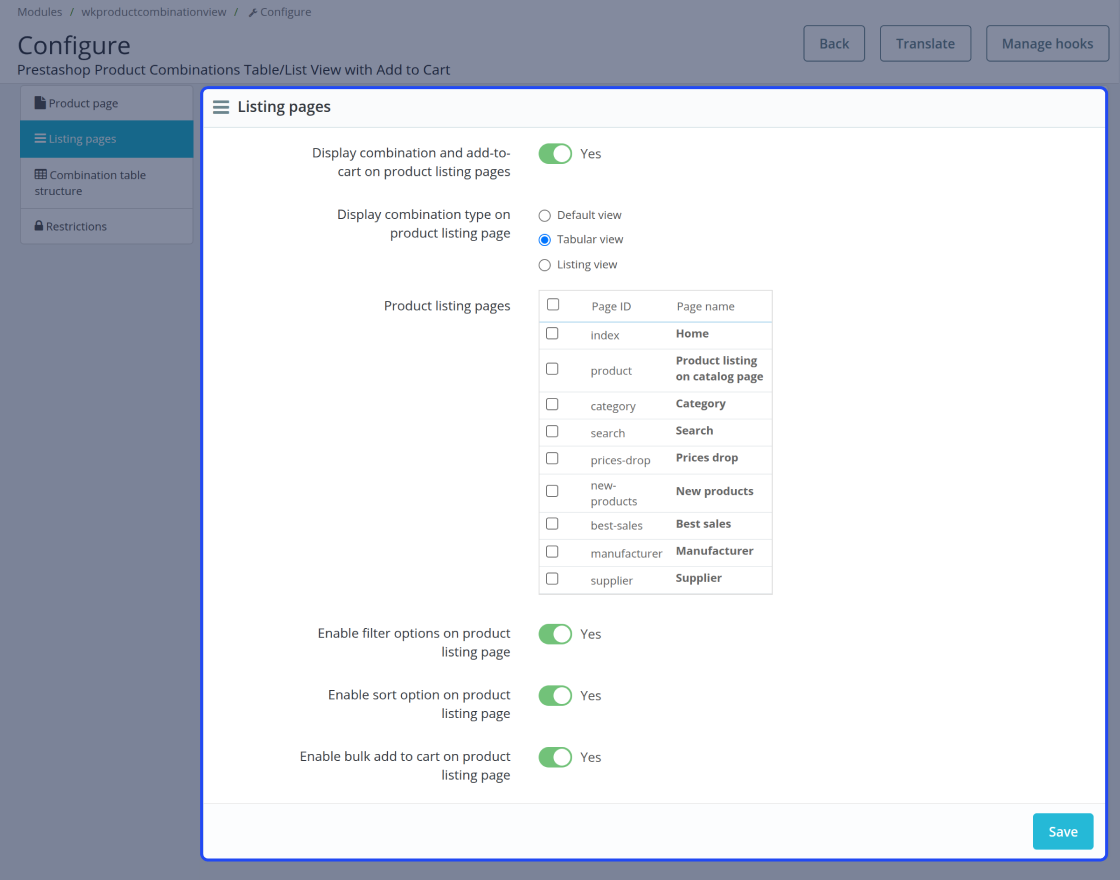 Prestashop Product Combinations Table/List View with Add to Cart