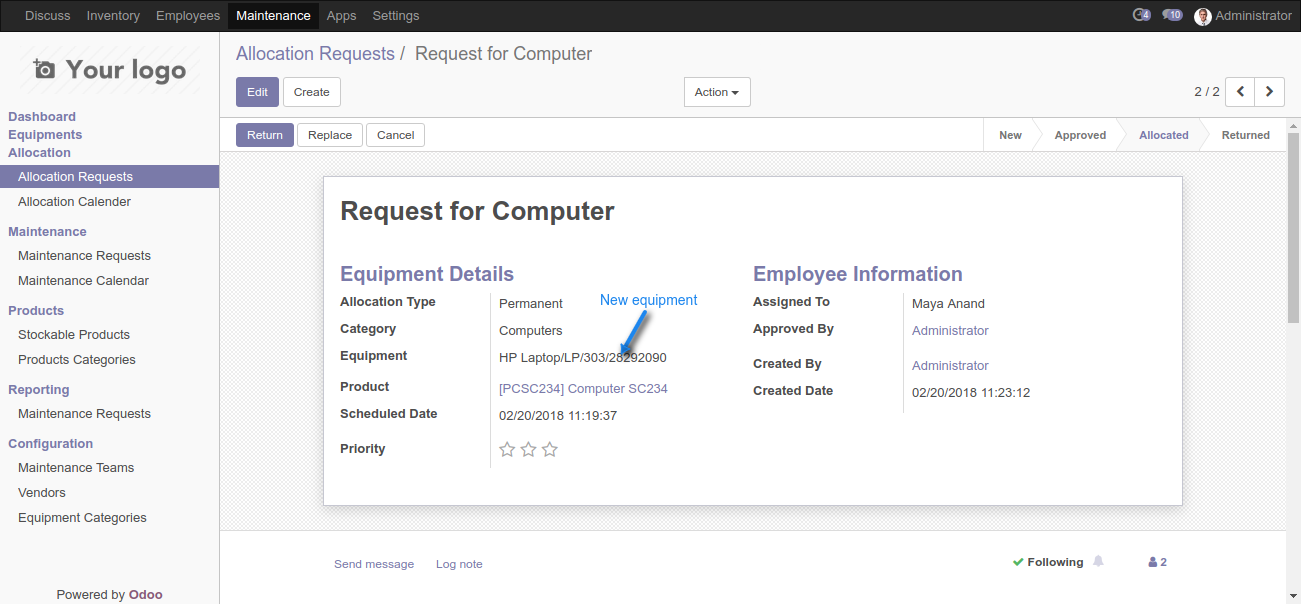 Odoo Equipment Allocations
