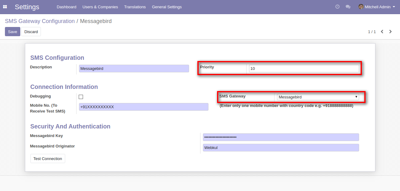 Odoo MessageBird SMS Gateway