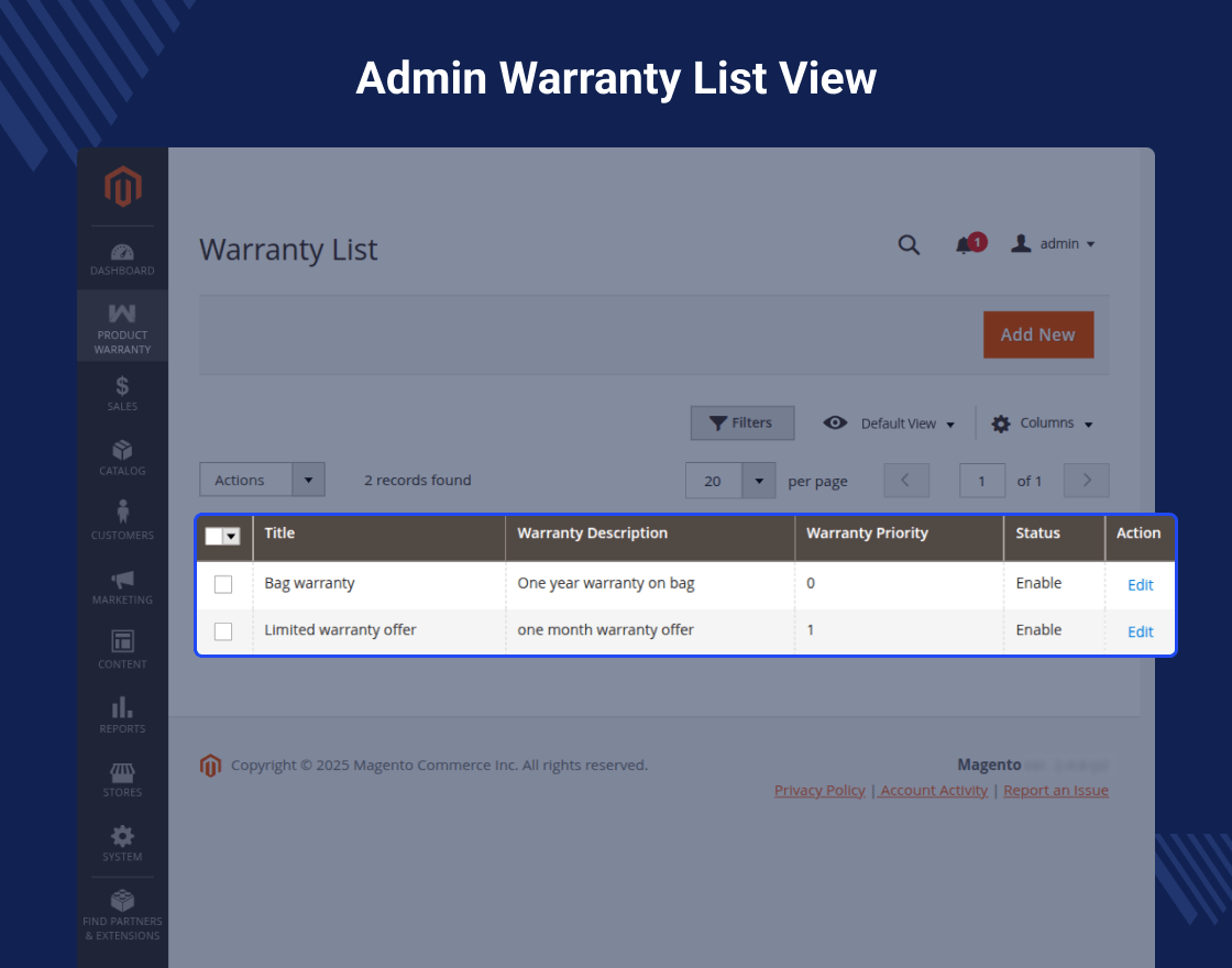 Magento 2 Warranty Management System