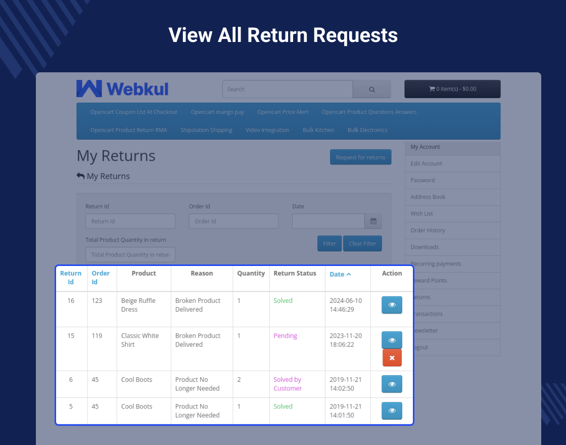Opencart Product Return RMA