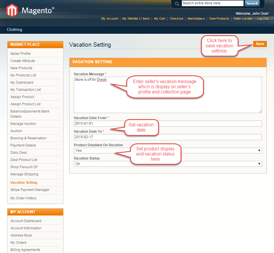 Magento (OpenMage) Marketplace Seller Vacation