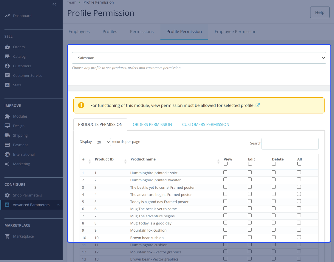 Prestashop Employee Advance Permission