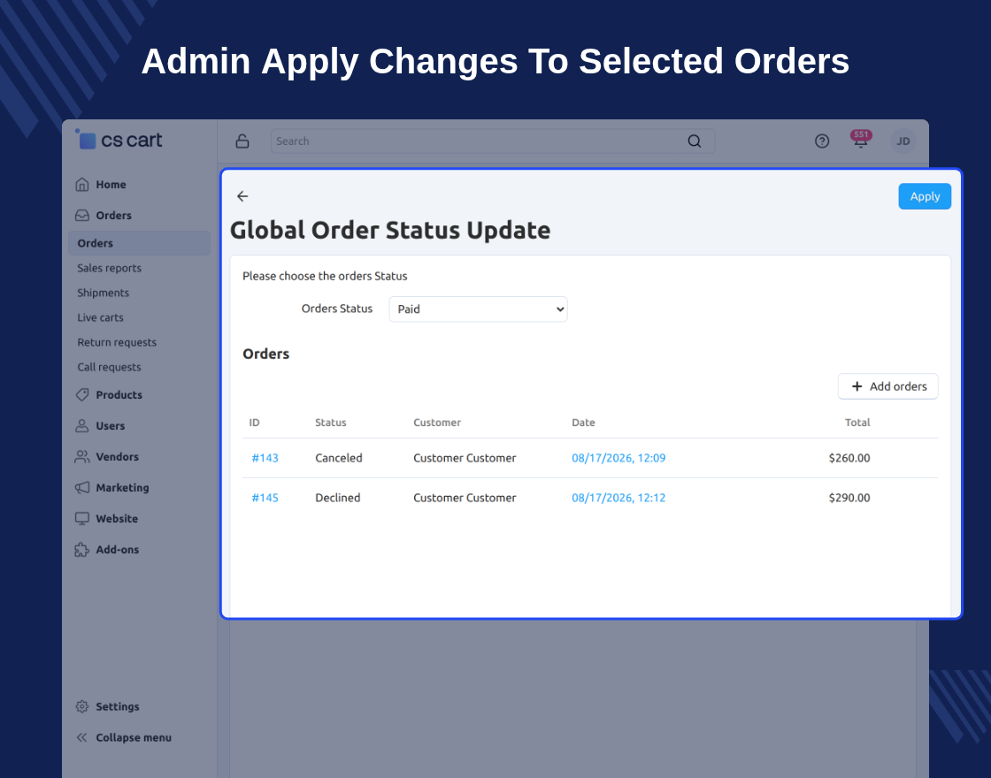 Cs-Cart Mass Order Status Update