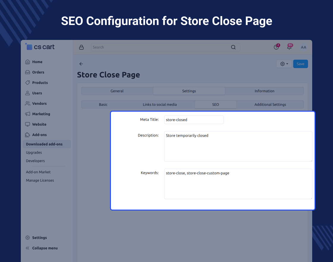 CS-Cart Store Close Custom Page