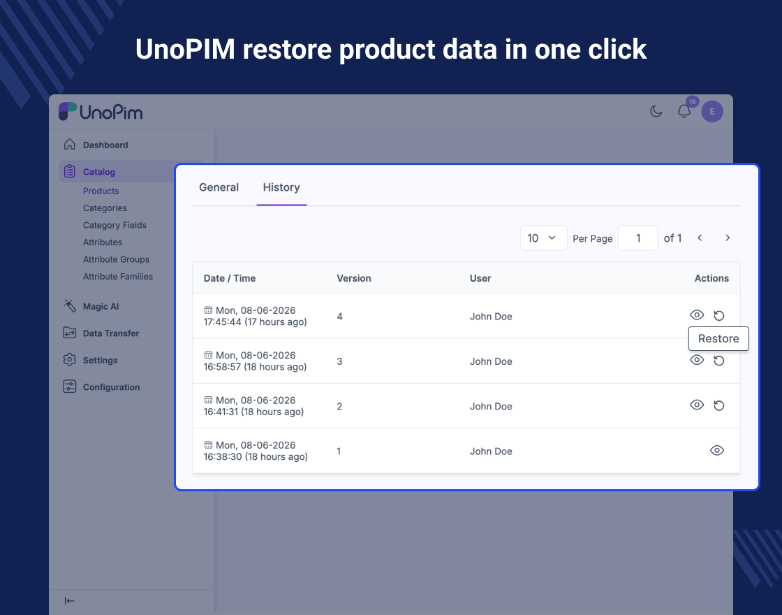 UnoPim History Preview & Restore