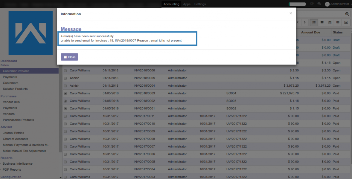 Odoo Mass Invoice: Send By Mail