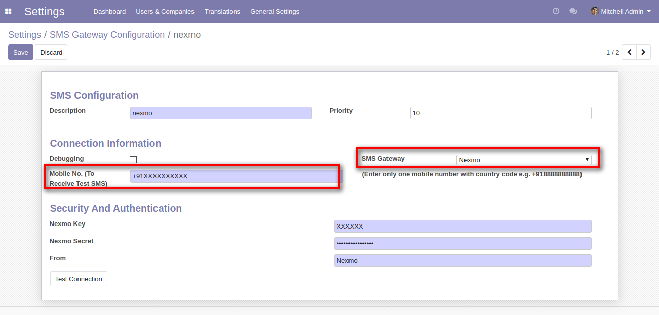 Odoo Nexmo SMS Gateway
