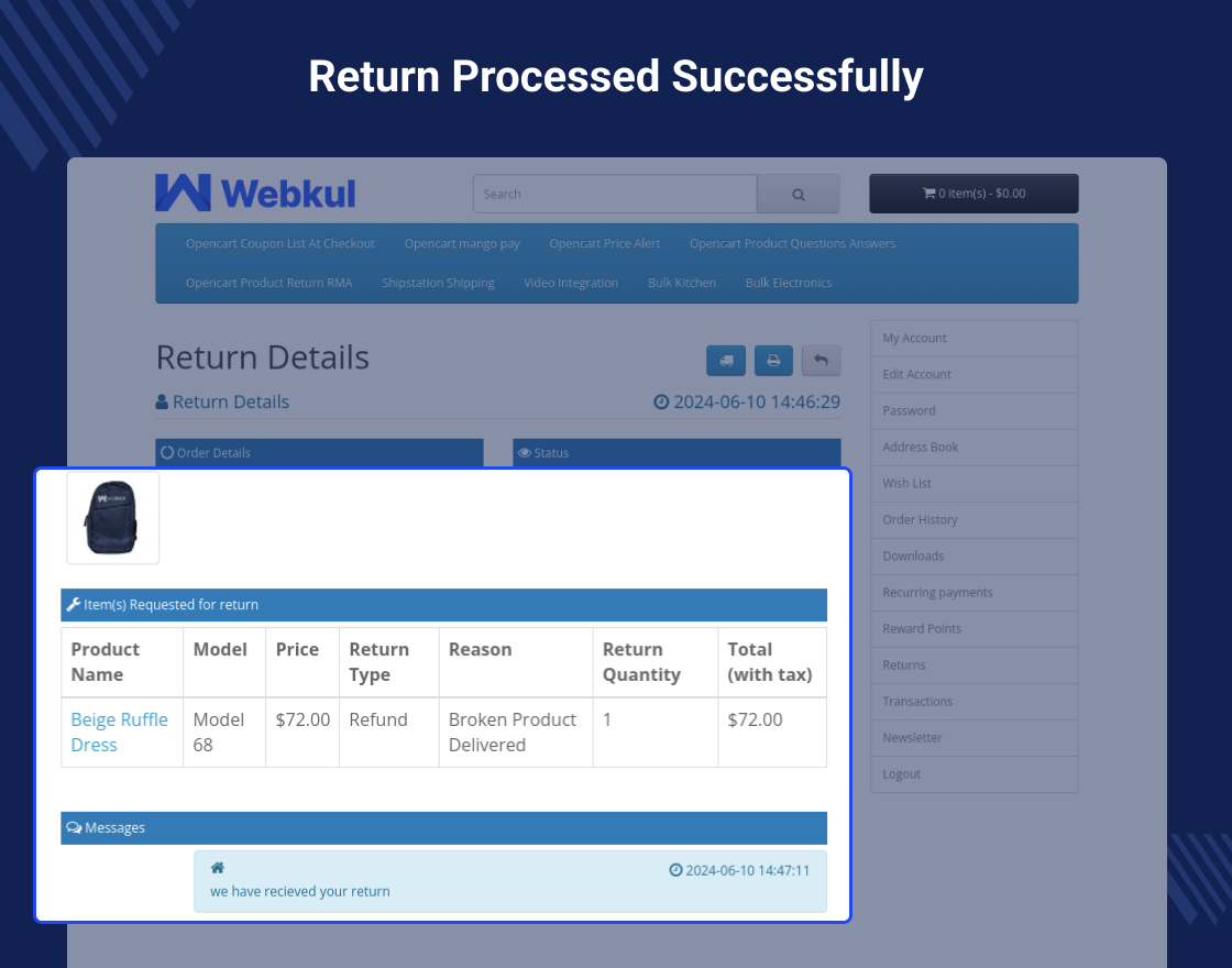 Opencart Product Return RMA