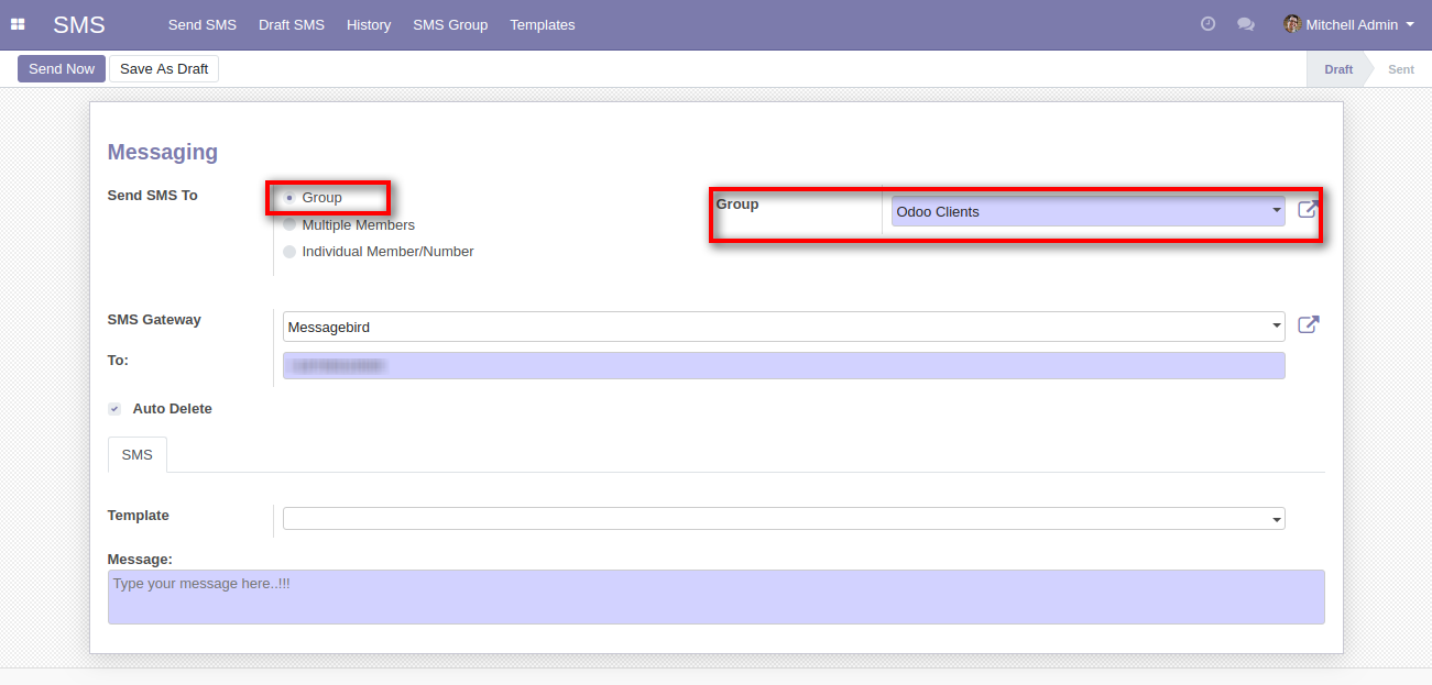 Odoo MessageBird SMS Gateway