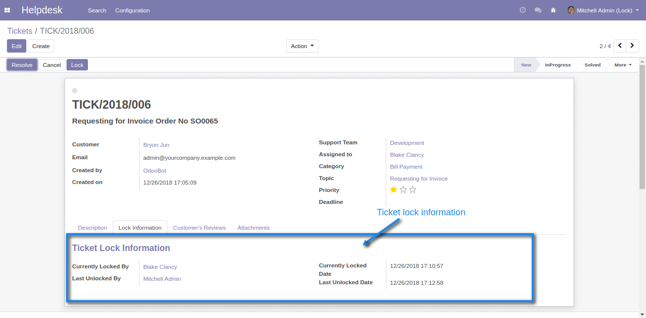 Odoo Website Helpdesk Lock System