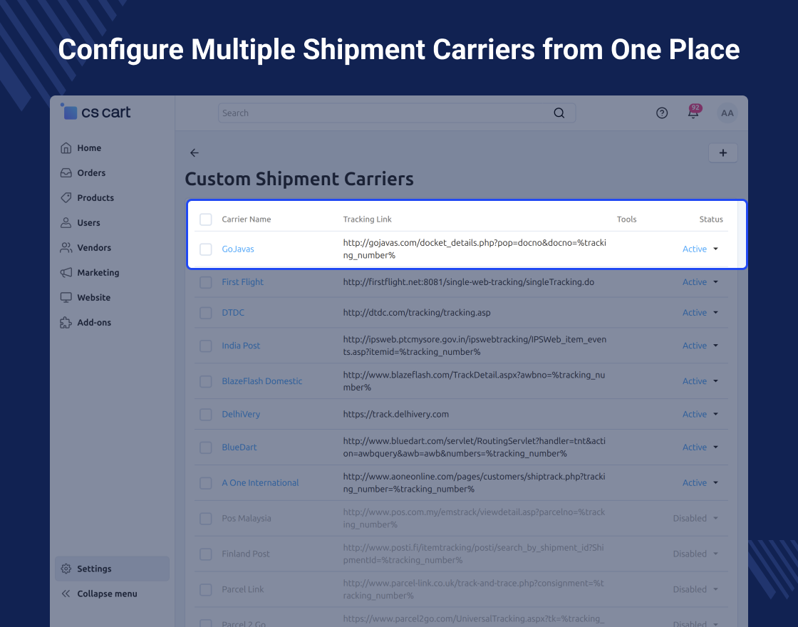 CS-Cart Custom Shipment Carriers Tracking