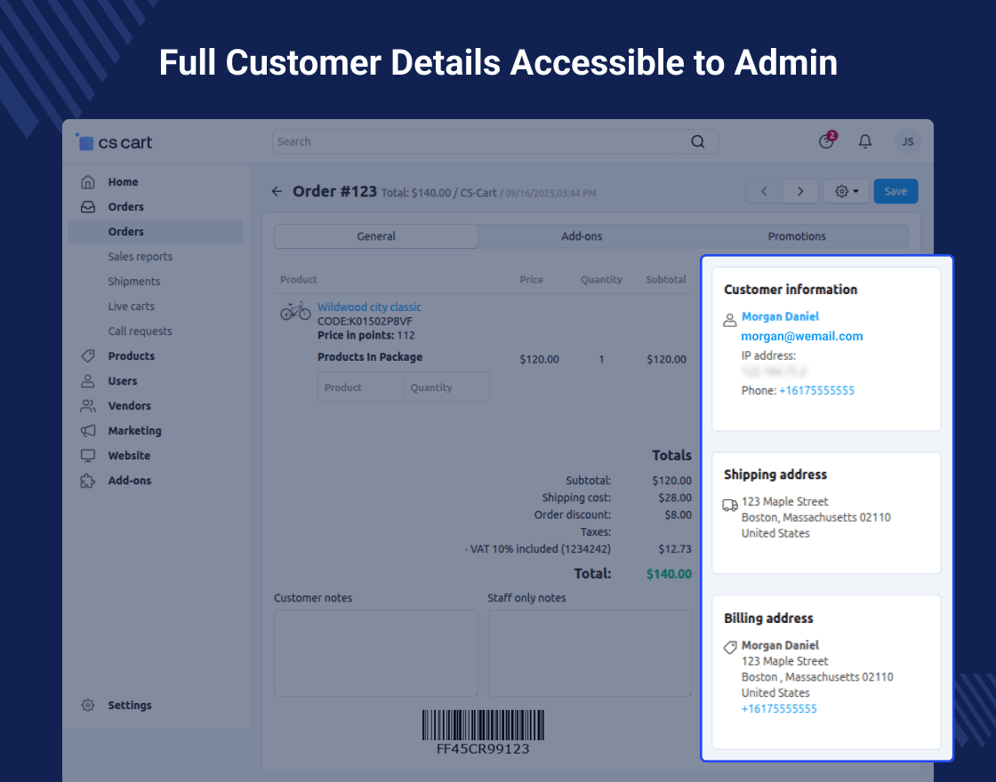 CS-Cart Hide Customer Details