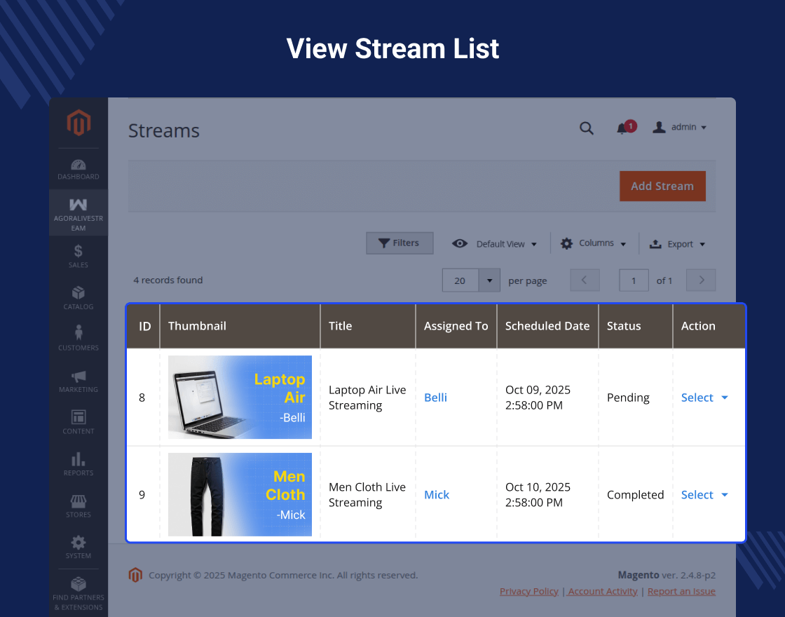 Magento 2 Agora Live Stream