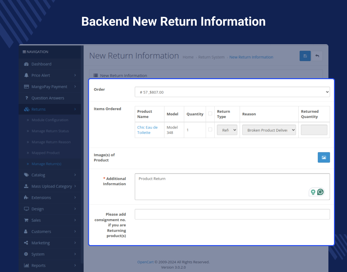 Opencart Product Return RMA