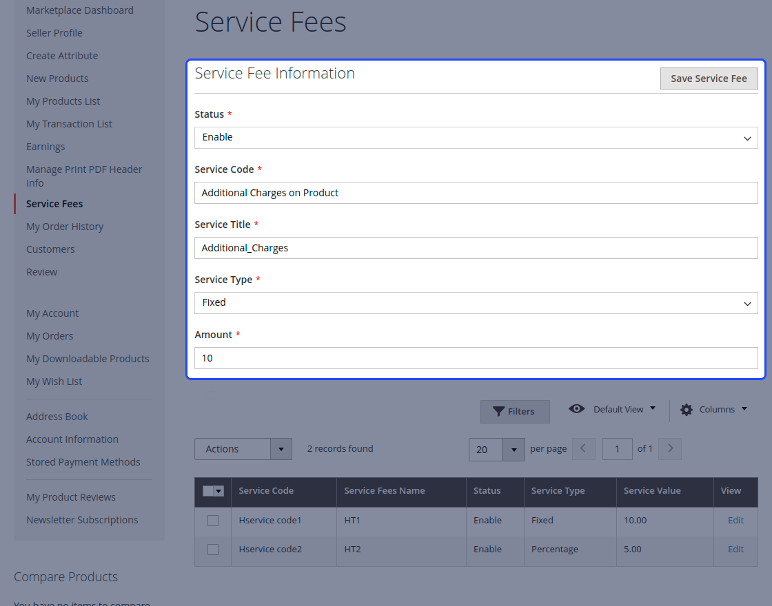 Magento 2 Vendors Service Fee extension