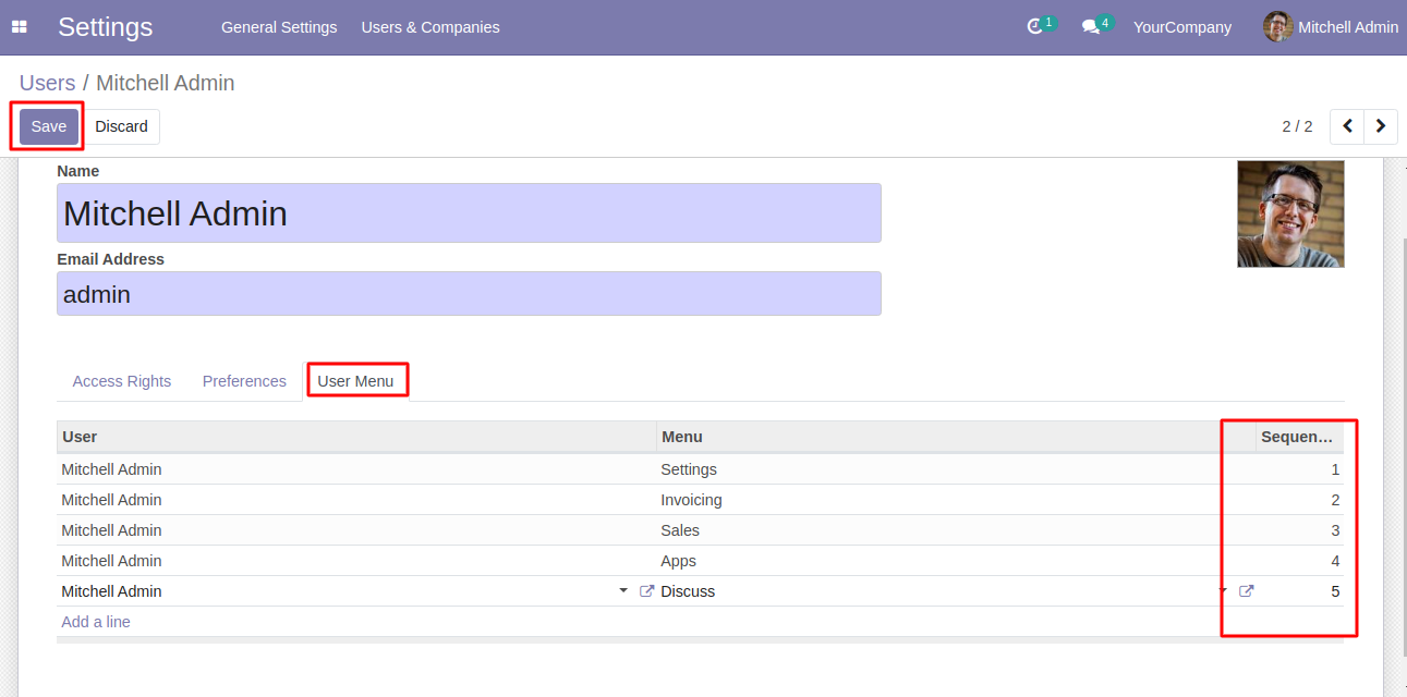 Odoo Menu Sequence Per User