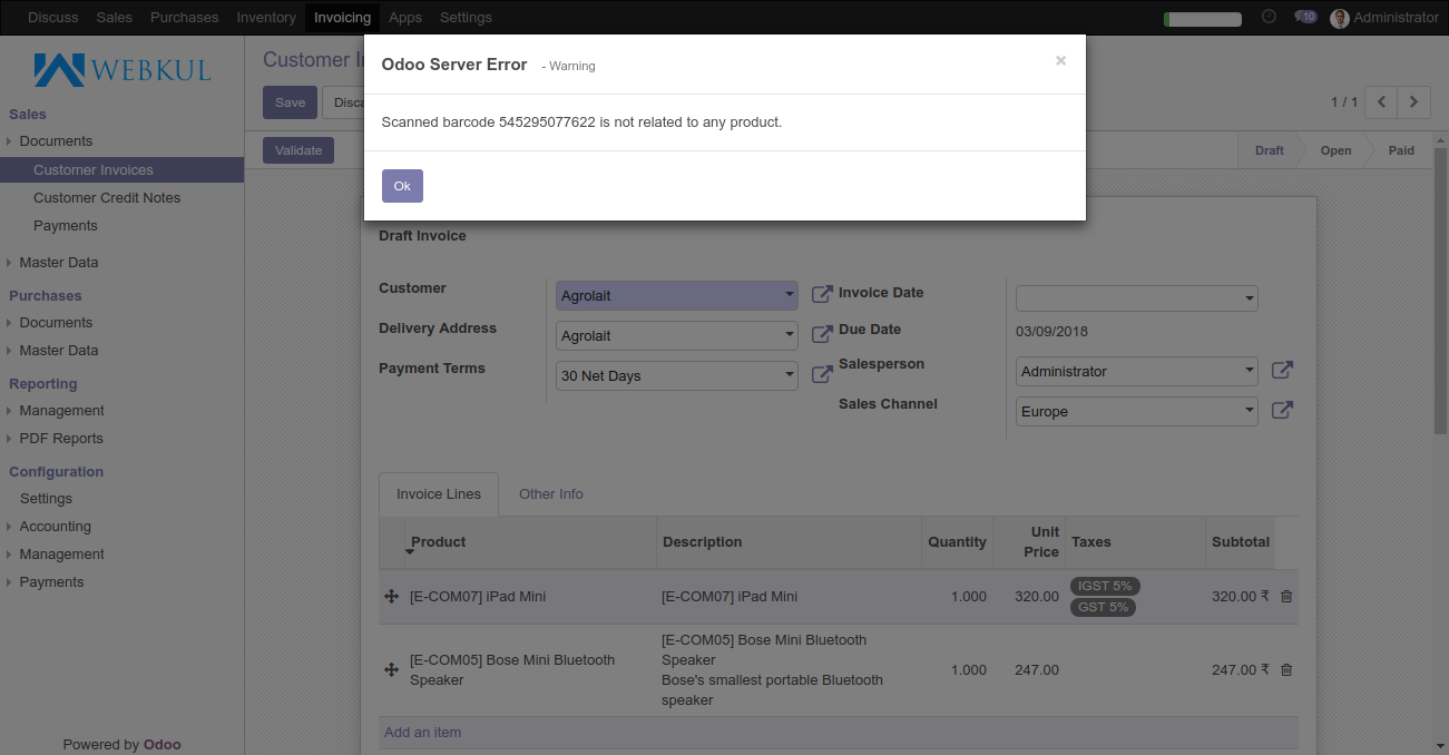 Odoo Invoice Barcode Scanning