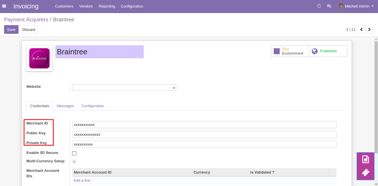 Odoo Website Braintree Payment Acquirer