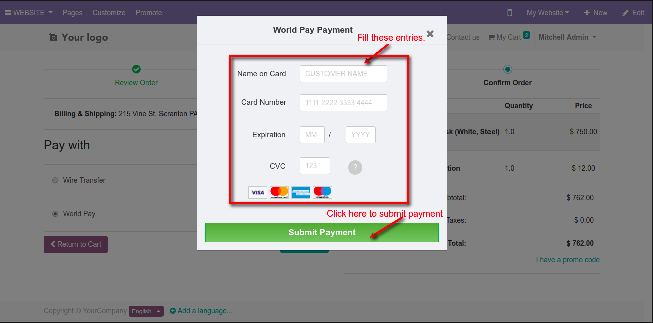 Odoo Website WorldPay Payment Acquirer - WebKul