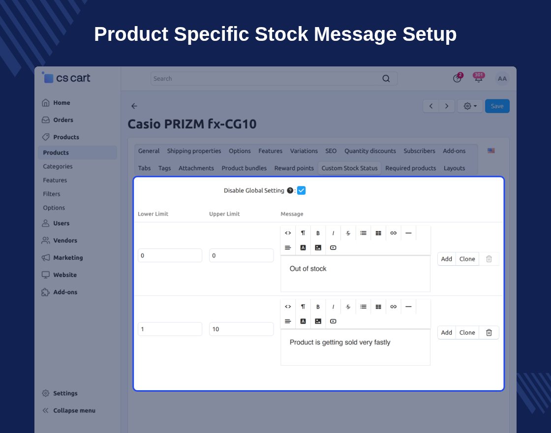 CS-Cart Custom Stock Status