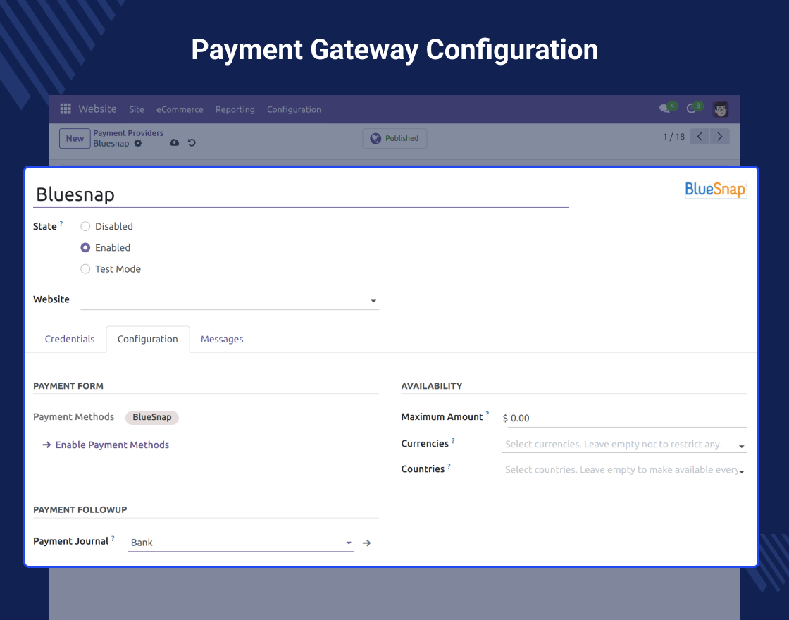 Odoo BlueSnap Payment Acquirer