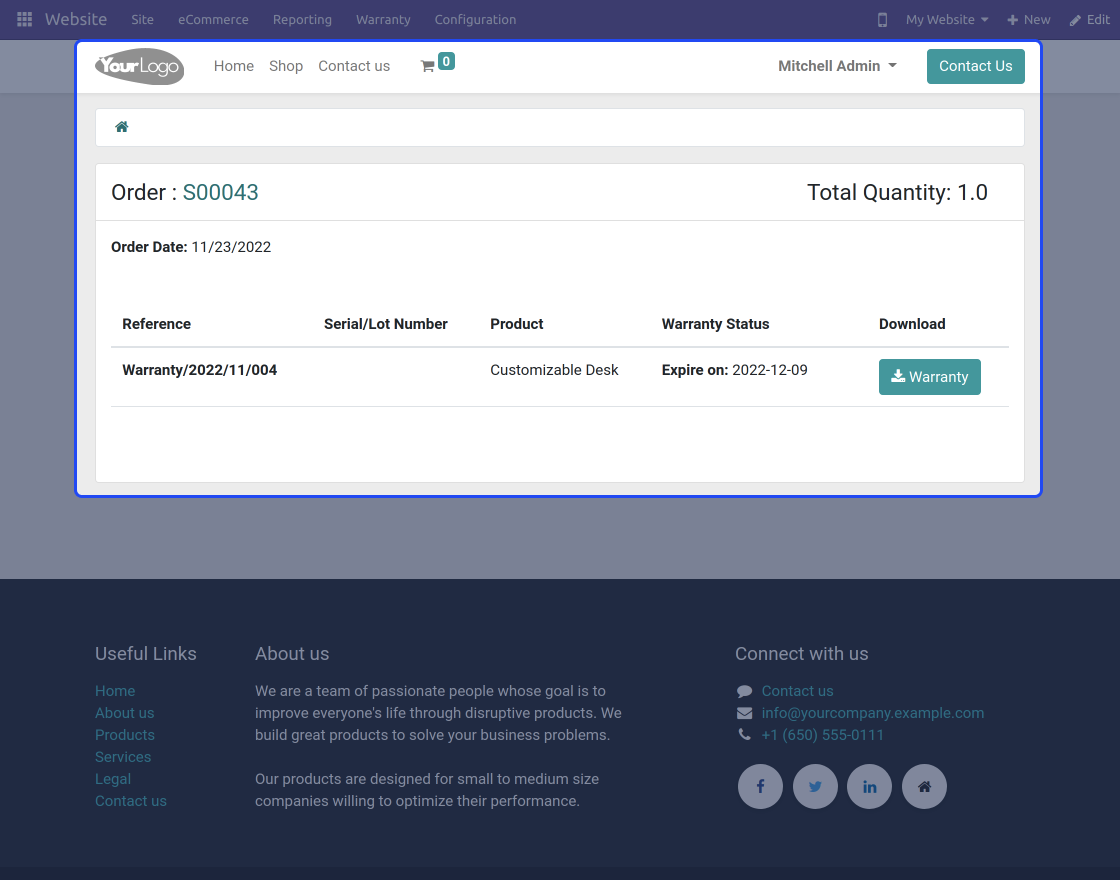 Odoo Website Warranty Management