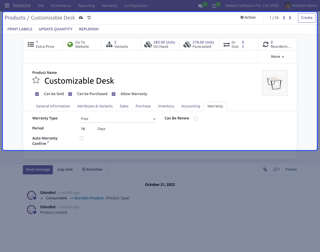 Odoo Website Warranty Management