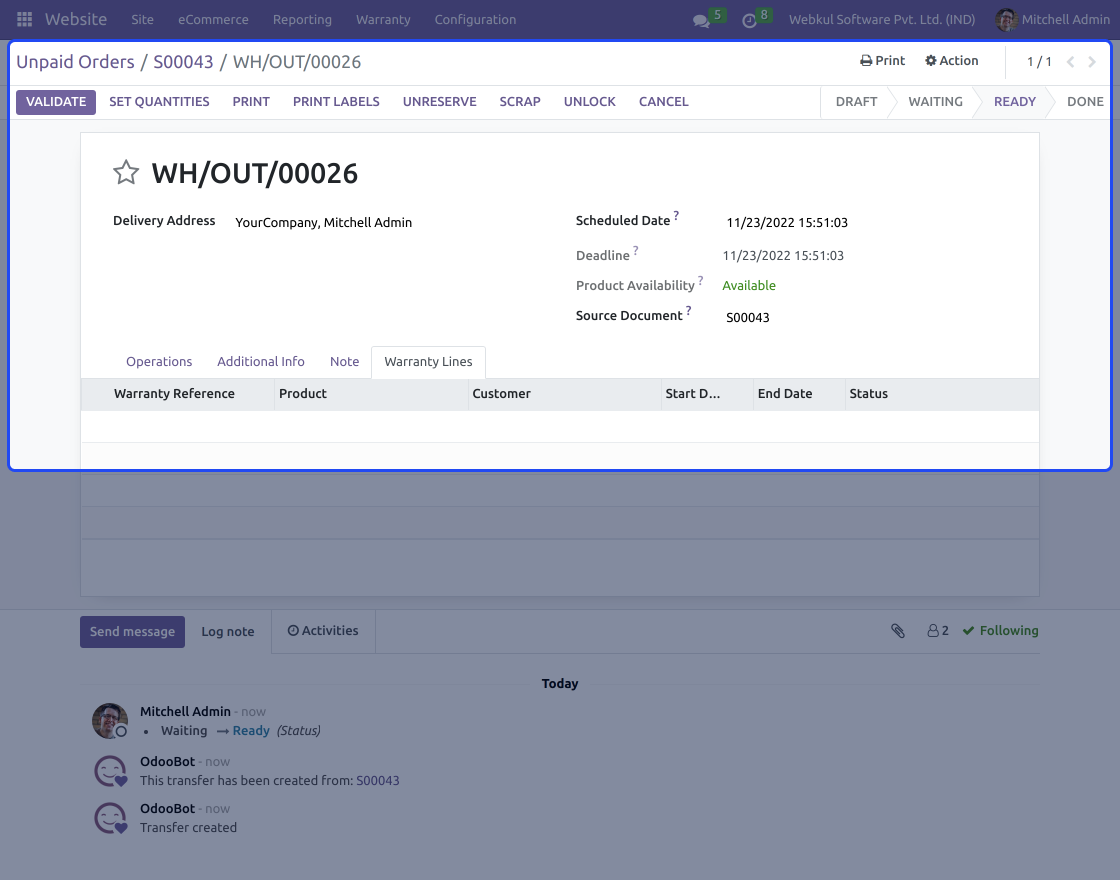 Odoo Website Warranty Management