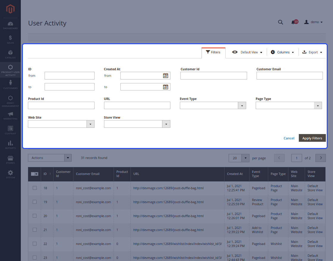 Magento 2 Product User Activity