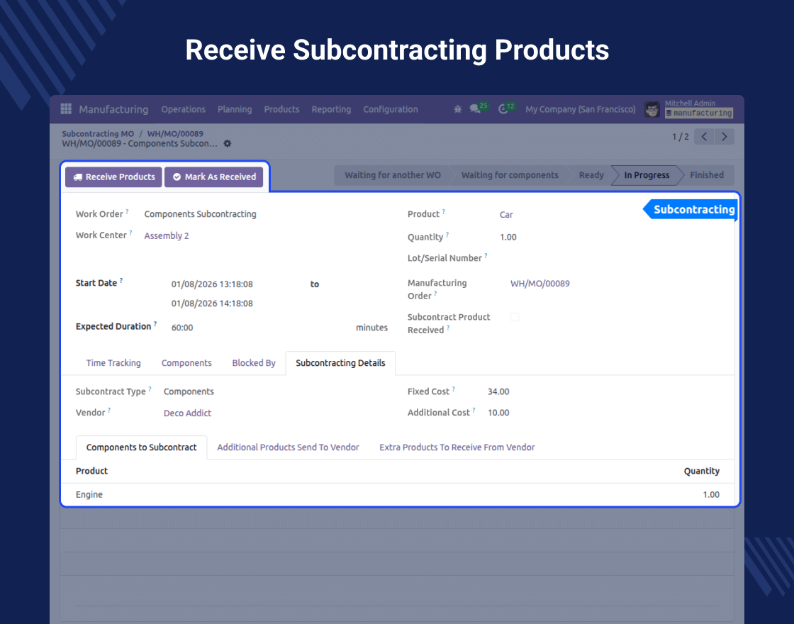 Odoo MRP Subcontracting Workorder