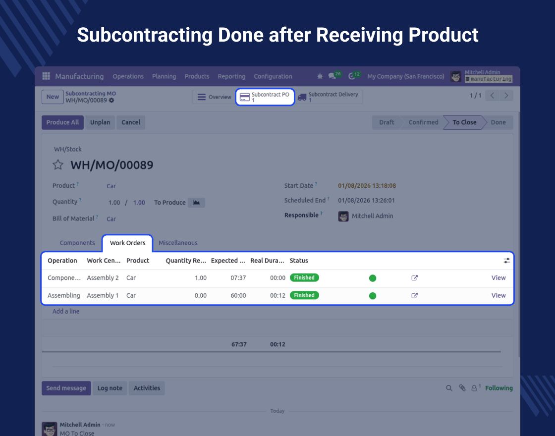 Odoo MRP Subcontracting Workorder