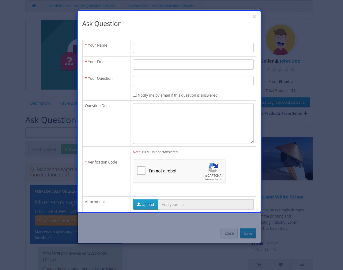 Opencart Marketplace Product Question Answer