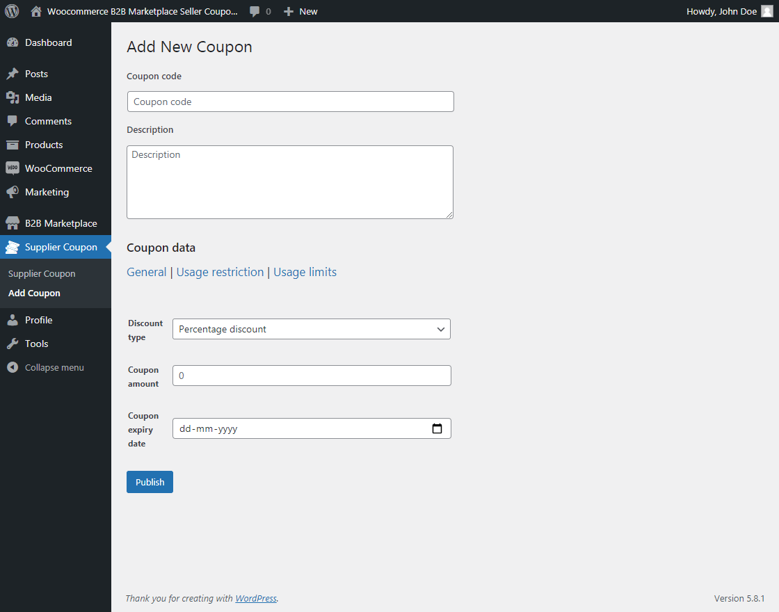 WooCommerce B2B Marketplace Supplier Coupon